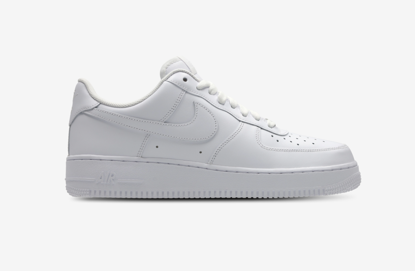 White Nike Air Force 1 ’07 sneaker — timeless men’s streetwear icon.
