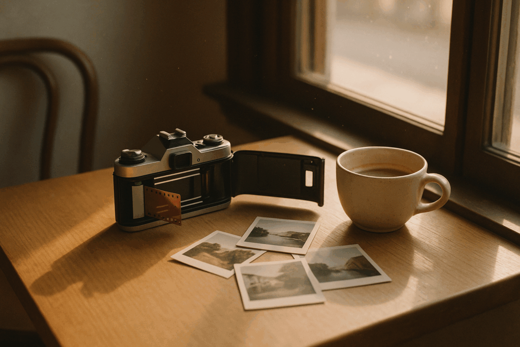 A vintage 35mm camera and printed photos on a sunlit café table — closing image for The Analogue Wave feature by LEWIS Magazine.