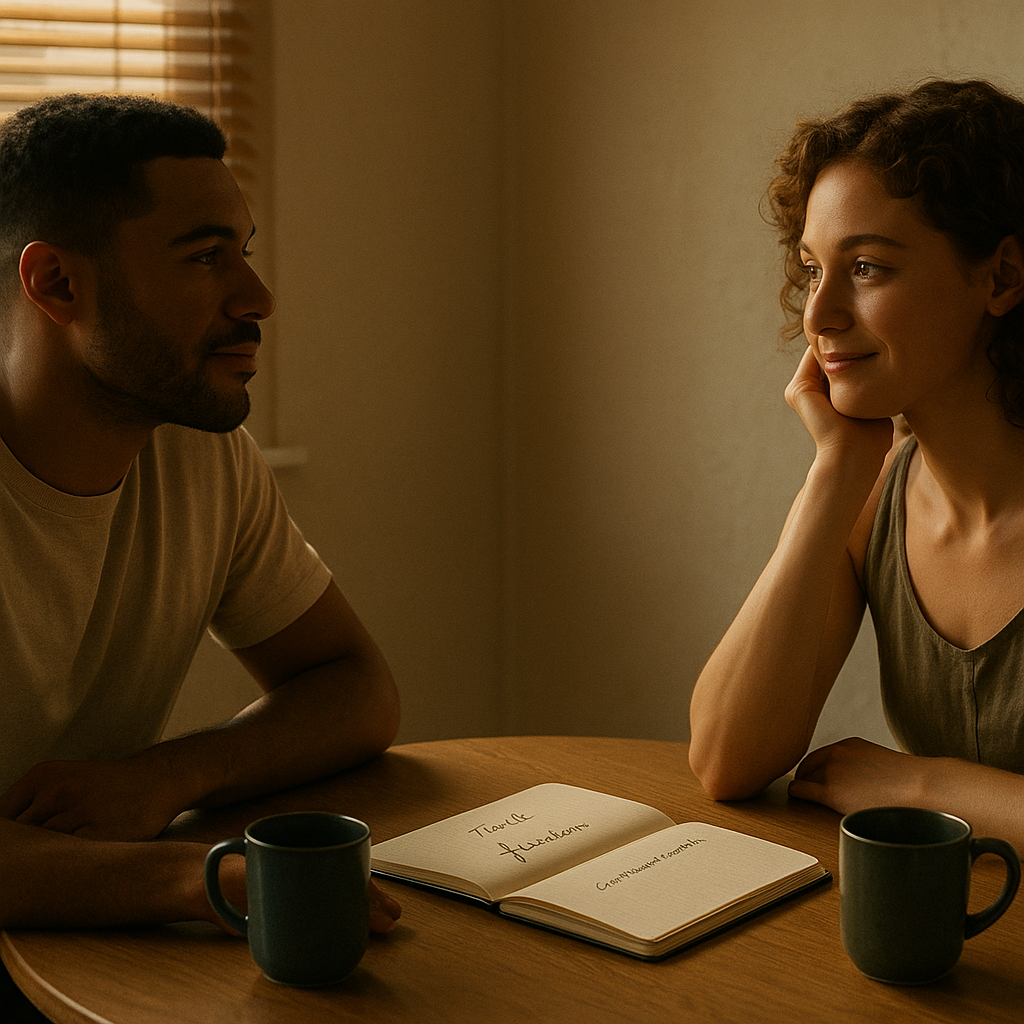A couple in warm morning light sharing quiet eye contact — LEWIS Magazine feature image on redefining commitment and modern monogamy.
