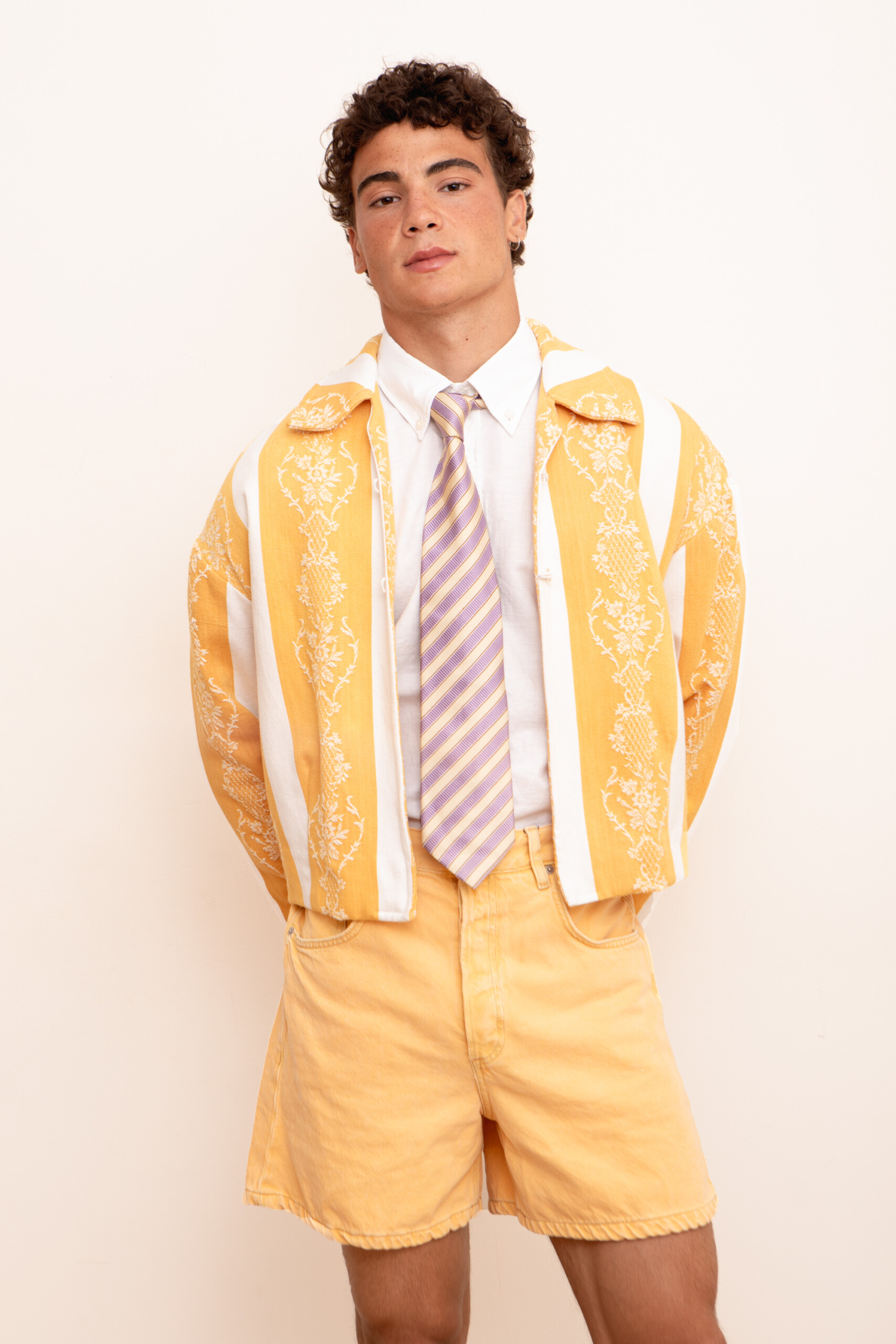 Embroidered Parament Study jacket over shirt and tie